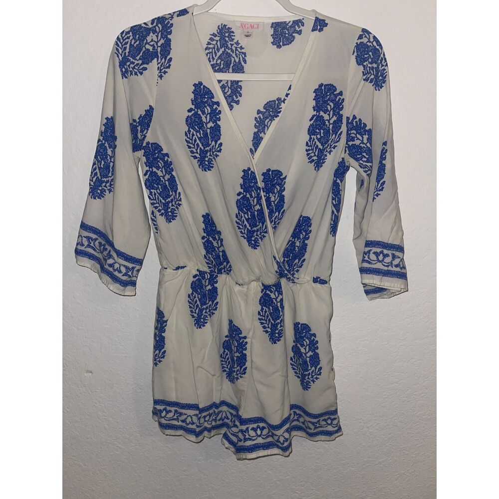 A’gaci Women’s Blue White Boho Print Romper Playsuit Cinched Waist Size Small